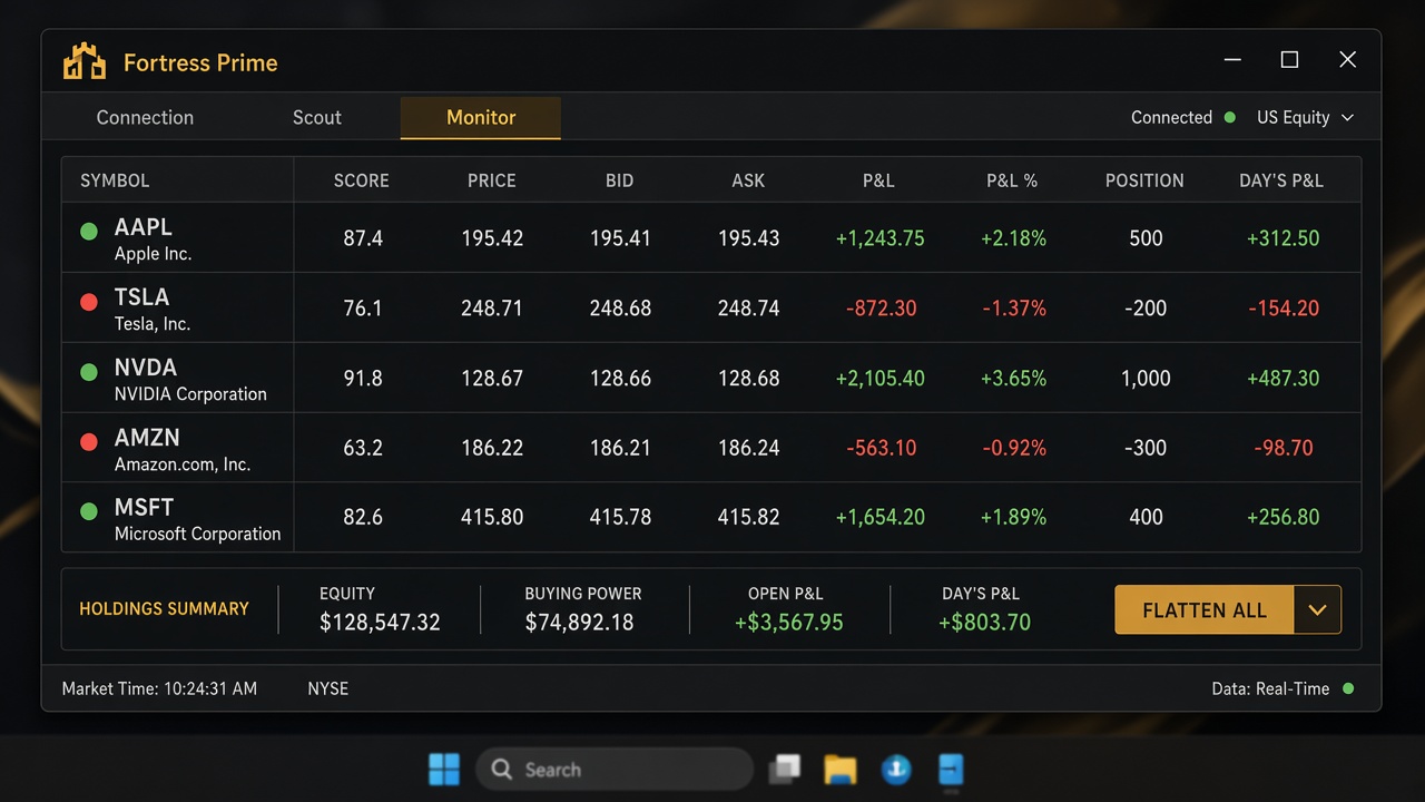 Fortress Prime Monitor tab with watchlist, bid ask, and P&L
